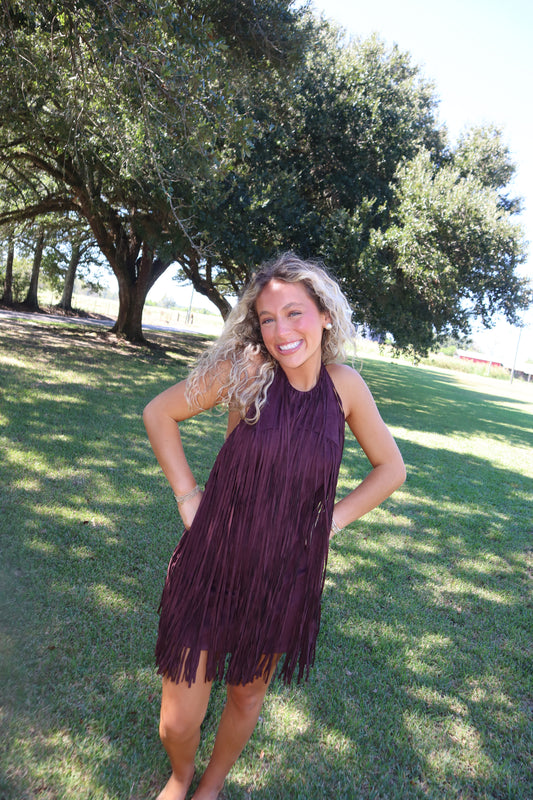 Cider Fringe Mini Dress- Dark Cherry